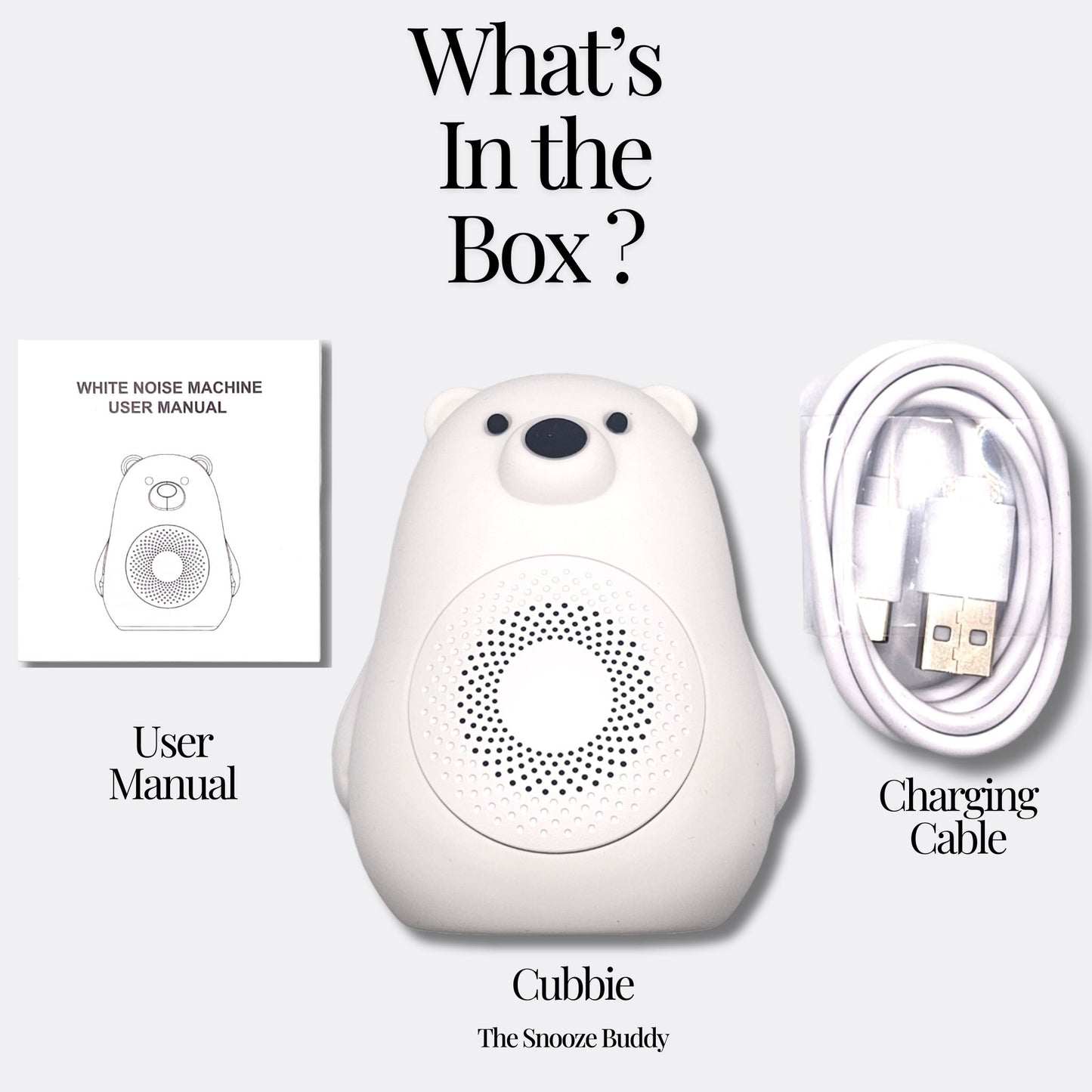 Cubbie_TheSnoozeBuddyBabySleepAid_MulticolorNightLight_WhiteNoiseMachine_Inthebox