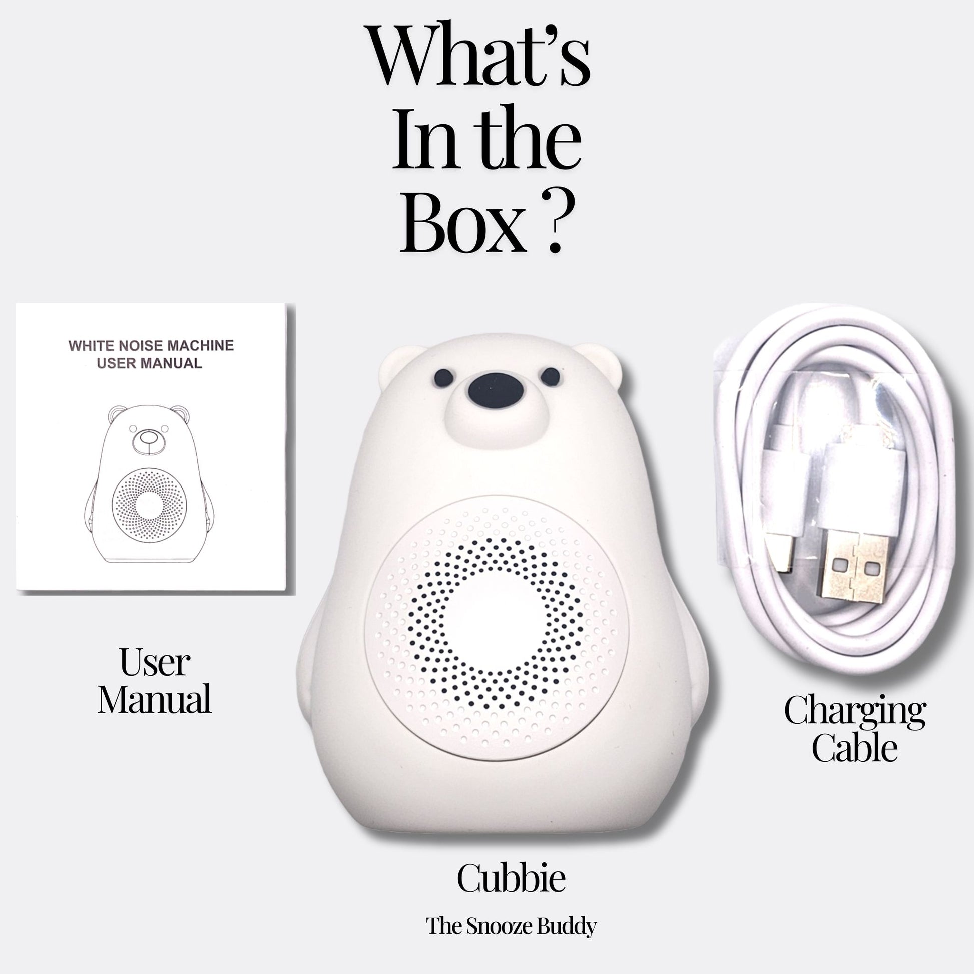Cubbie_TheSnoozeBuddyBabySleepAid_MulticolorNightLight_WhiteNoiseMachine_Inthebox