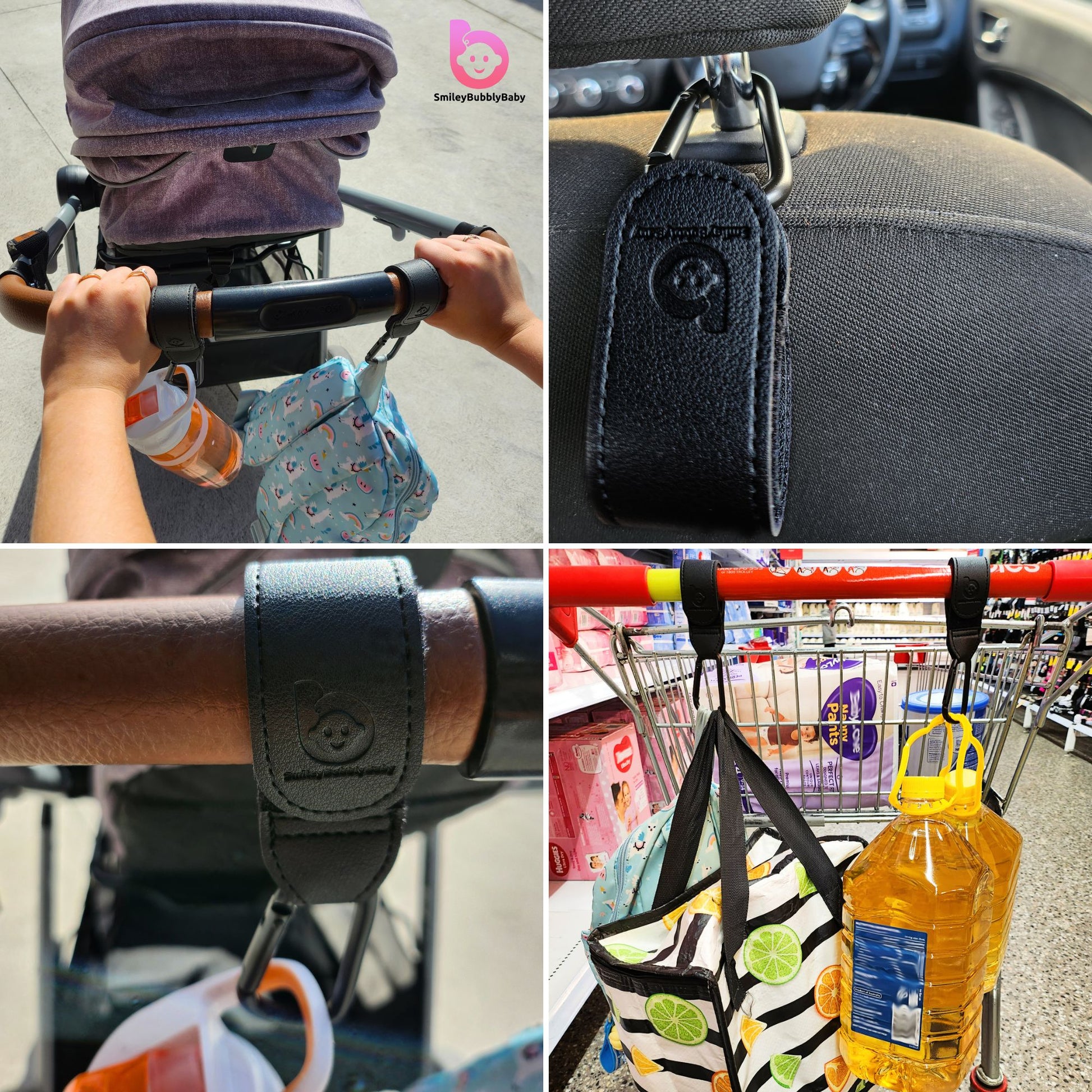 Smileybubblybaby_Faux_Leather_Black_Baby_Stroller_Clips_Versatile
